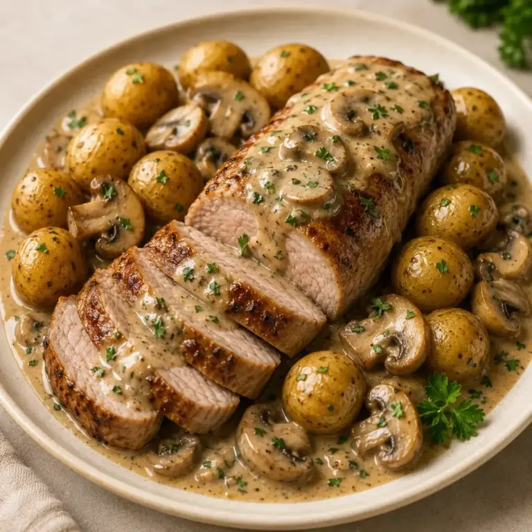 Filet mignon en sauce crémeuse aux champignons et pommes de terre grenaille